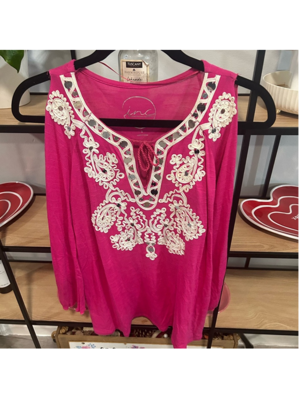 INC International Concepts Fuchsia Blouse with White Embroidery bear shoulders